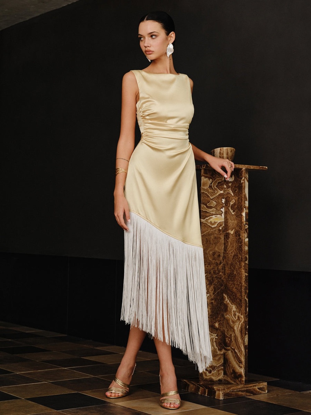 NWT Commense Sz XS Satin Yellow Asymmetrical Fringe Party Dress
